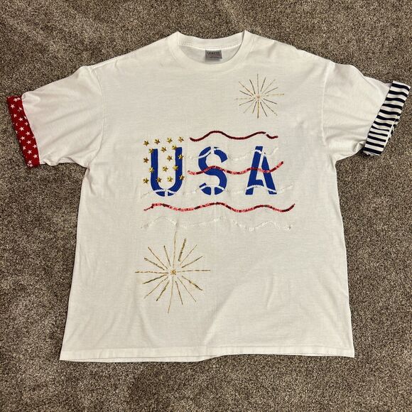 VTG Handmade American Flag T Shirt Oneita USA 4th Of July Adult 2X Single Stitch - Picture 1 of 7